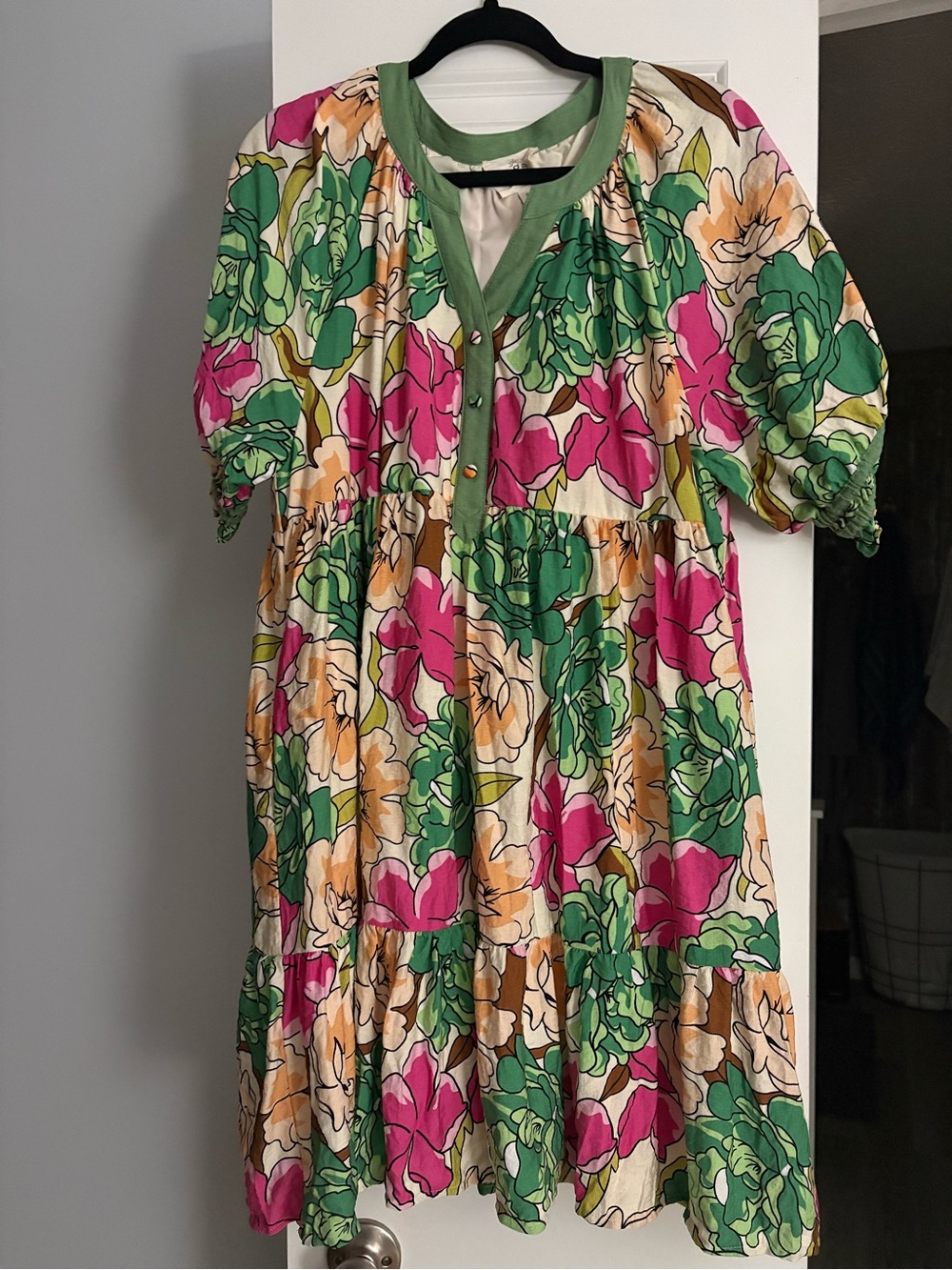 Umgee Floral Tiered Midi Dress in Green, Pink & Yellow